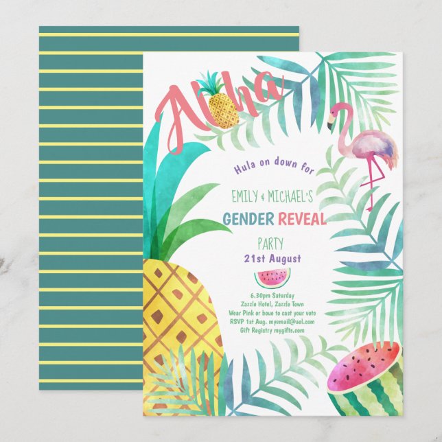 Fruity Tropical GENDER REVEAL Invites Flamingo (Front/Back)