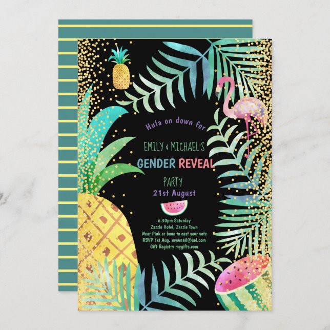 Fruity Tropical GENDER REVEAL Invites Flamingo (Front/Back)