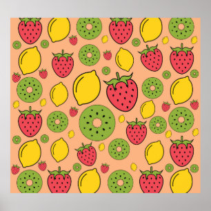 Fruity wallpaper: strawberries, lemons, kiwis. poster