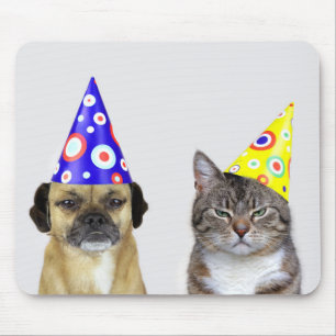 Frustrated dog and cat with party hats mouse mat