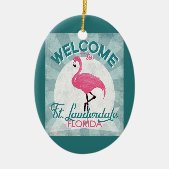 Ft Lauderdale Florida Pink Flamingo Retro Ceramic Tree Decoration (Front)