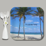 Ft Lauderdale Florida Sand Beach & Palm Trees Paper Plate<br><div class="desc">This tropical Paper Plate features a photo image of Ft Lauderdale Beach, Florida. Fort Lauderdale has 23 miles of sun kissed beaches - a great place to warm your toes! The image perfectly captures the towering palm trees, tan sugary sand reflecting the trees, azure blue sky, white puffy clouds, and...</div>