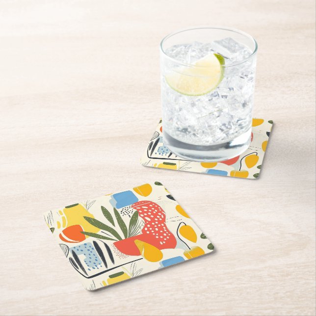 Fuavism Style Vibrant Colours Garden Pot Square Paper Coaster (Insitu)