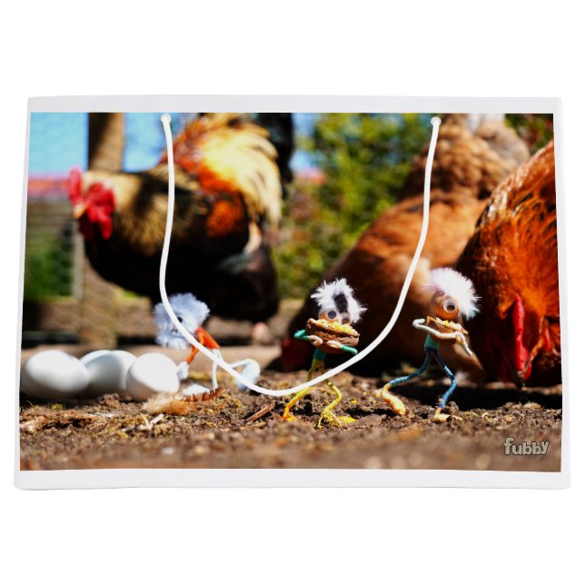 Fubby playing with the chickens and rooster. large gift bag (Front)