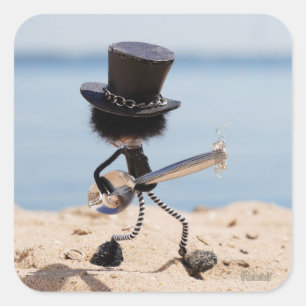 Fubby rock guitarist with hat on the beach. square sticker