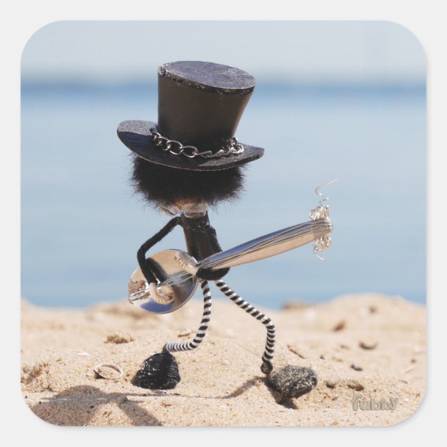 Fubby rock guitarist with hat on the beach. square sticker (Front)