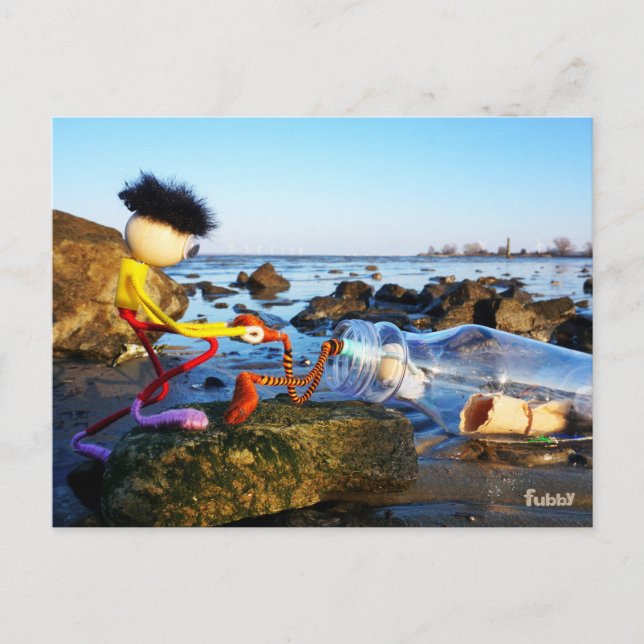 Fubby with bottle post on the coast. postcard (Front)