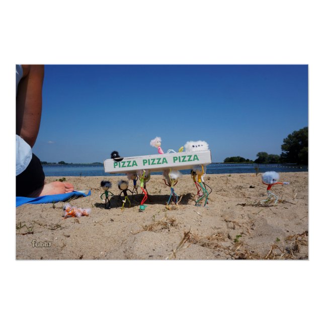 Fubby's stealing a pizza on the beach. poster (Front)