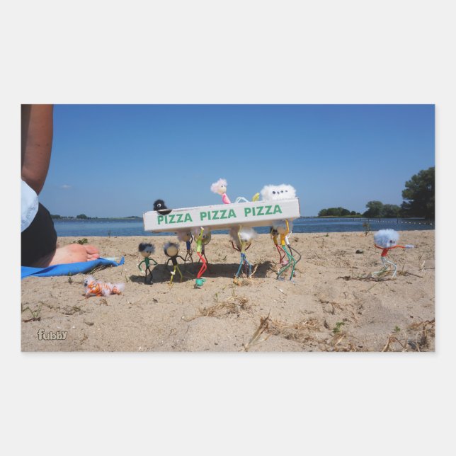 Fubby's stealing a pizza on the beach. rectangular sticker (Front)