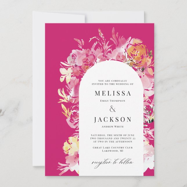 Fuchia Pink & Blush Watercolor Flower Arch Wedding Invitation (Front)