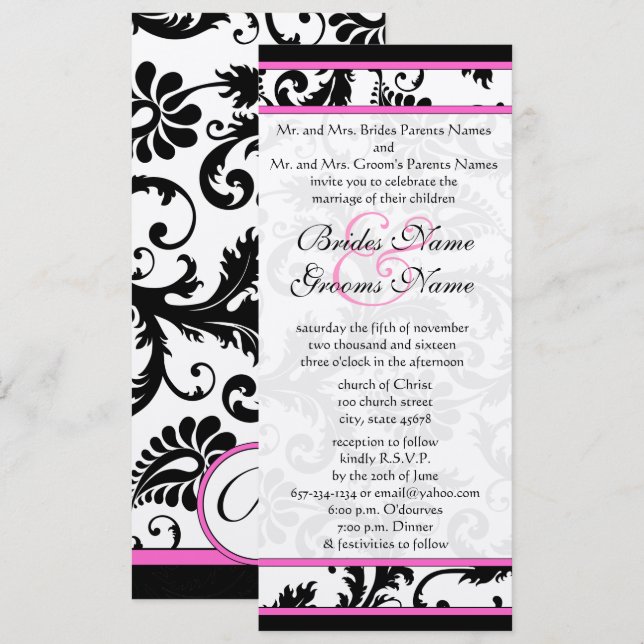 Fuchsia 9x4  Damask Swirls Wedding Invitation (Front/Back)