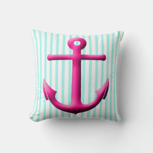 Fuchsia and Aqua Anchor and Stripes Cushion