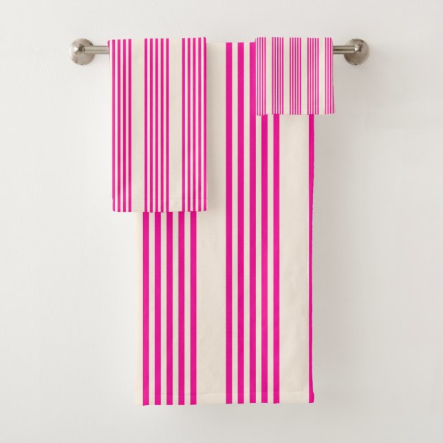 Fuchsia and beige five stripes pattern bath towel set (Insitu)