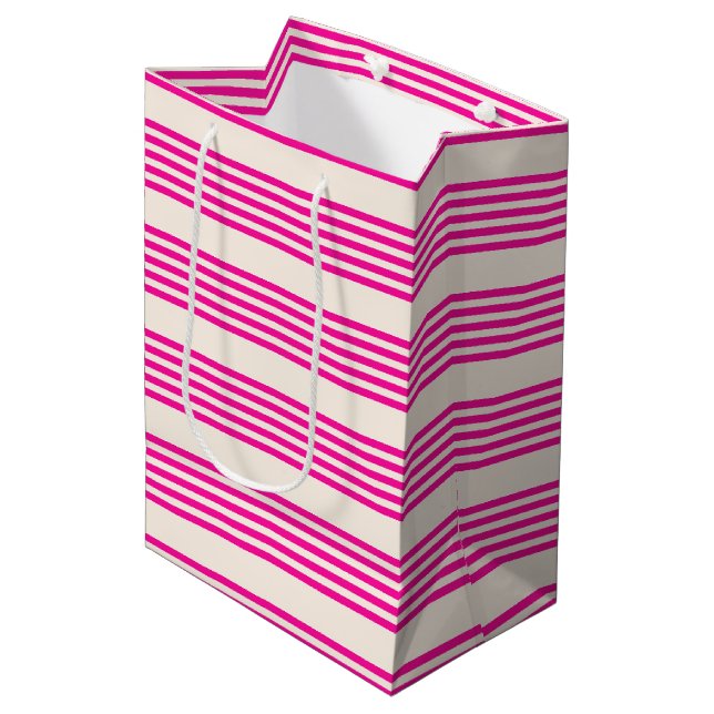 Fuchsia and beige five stripes pattern medium gift bag (Front Angled)