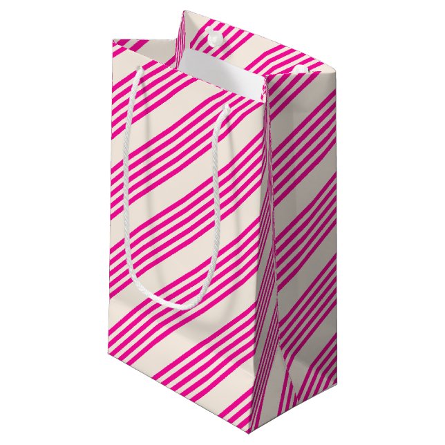 Fuchsia and beige five stripes pattern small gift bag (Front Angled)