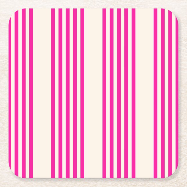 Fuchsia and beige five stripes pattern square paper coaster (Front)