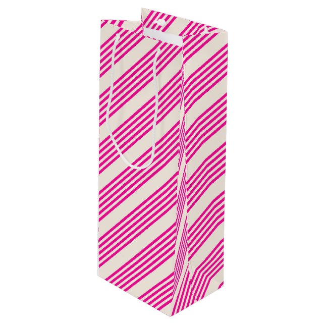 Fuchsia and beige five stripes pattern wine gift bag (Front Angled)