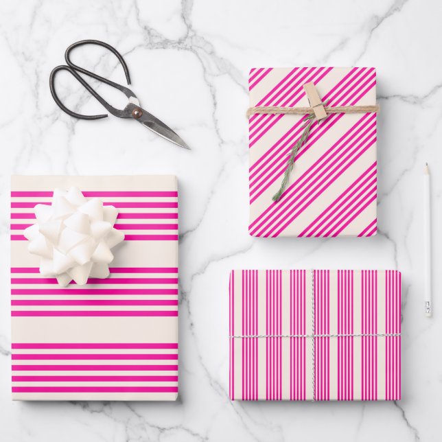 Fuchsia and beige five stripes pattern wrapping paper sheet (Front)