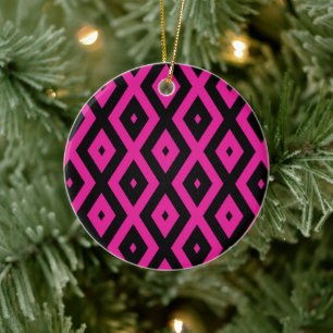 Fuchsia and black diamond pattern ceramic tree decoration