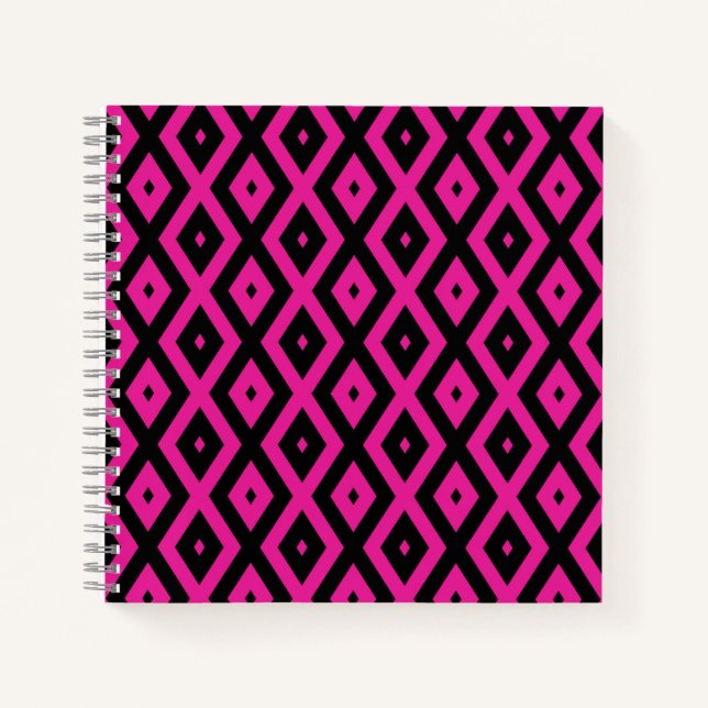 Fuchsia and black diamond pattern notebook (Front)
