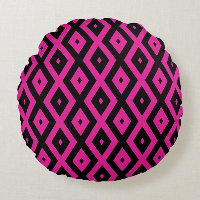 Fuchsia and black diamond pattern round cushion (Front)