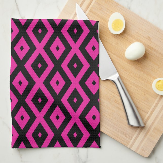 Fuchsia and black diamond pattern tea towel (Quarter Fold)