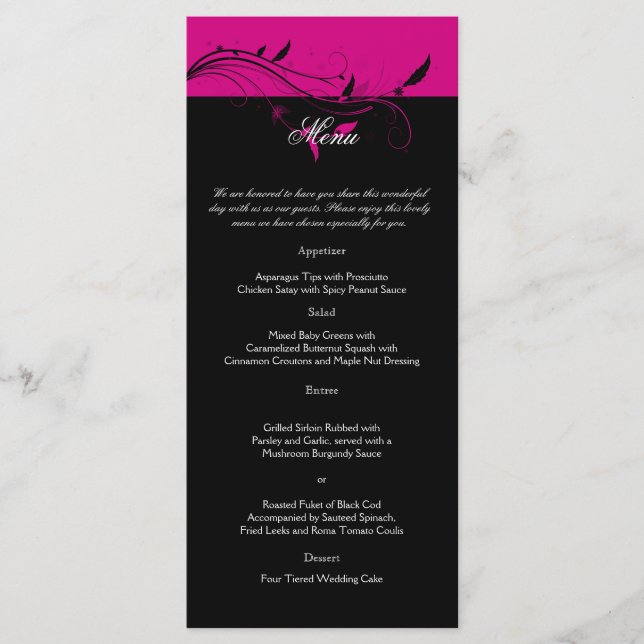 Fuchsia and Black Floral Filigree Wedding Menu (Front)