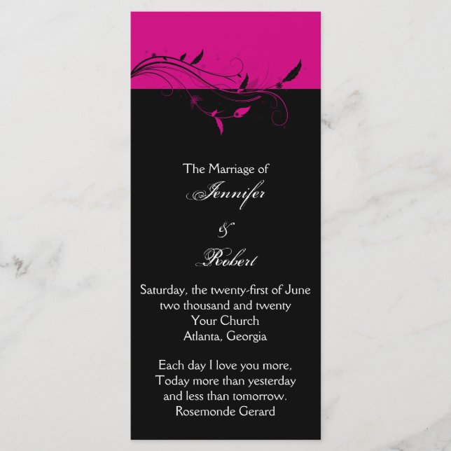 Fuchsia and Black Floral Filigree Wedding Program Programme (Front)