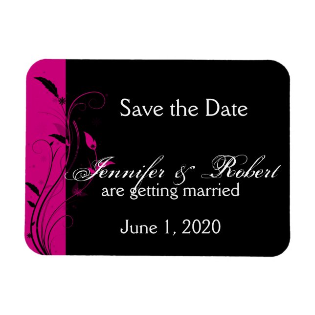 Fuchsia and Black Floral Wedding Save the Date Magnet (Horizontal)