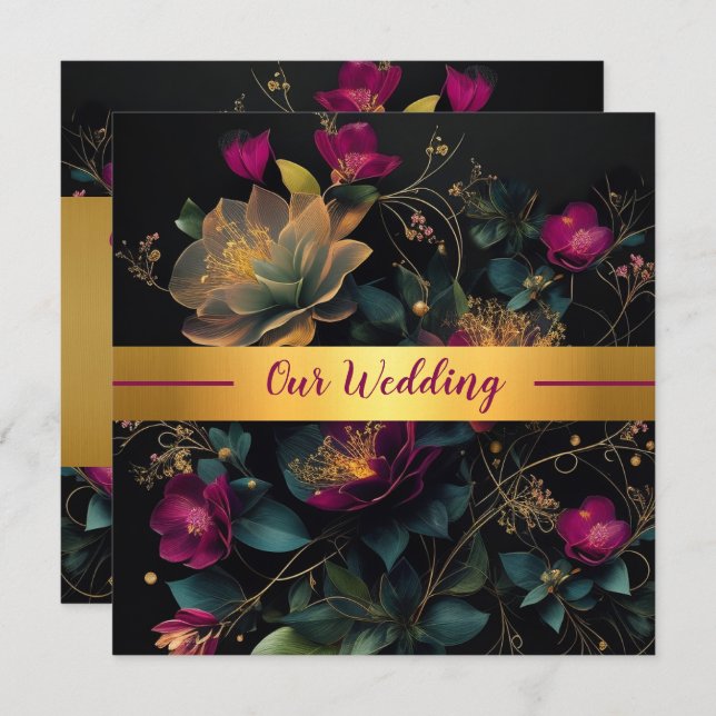 Fuchsia and Blue Spring Garden Wedding Invitation (Front/Back)