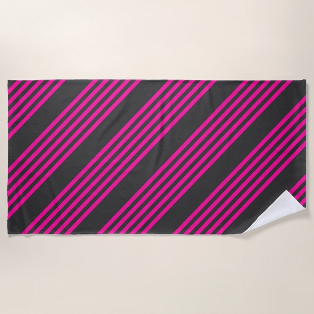 Fuchsia and charcoal five stripes pattern beach towel (Front)