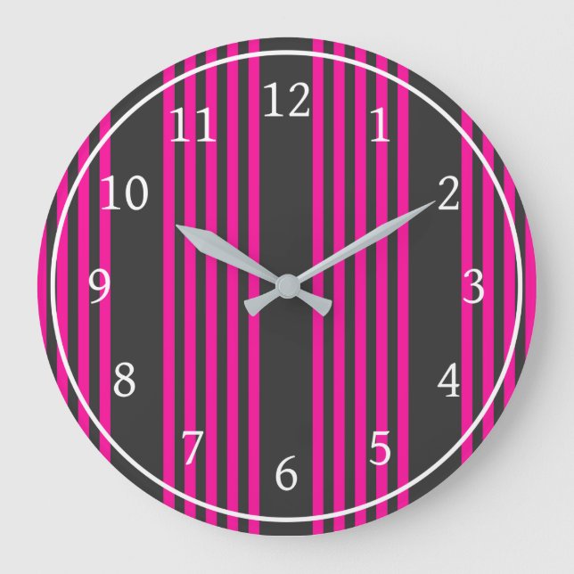 Fuchsia and charcoal five stripes pattern large clock (Front)