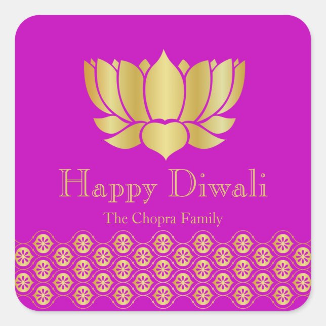 Fuchsia and Gold Diwali Party Favour Square Sticker (Front)