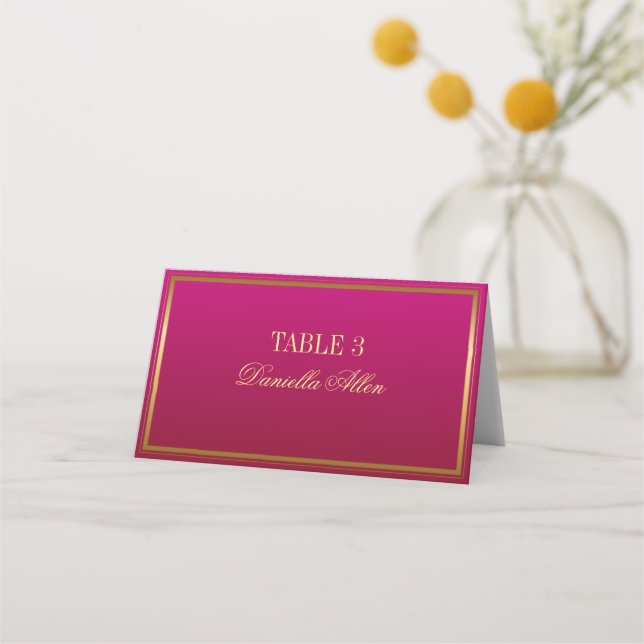 Fuchsia and Gold Elegant Wedding Place Card (Front)