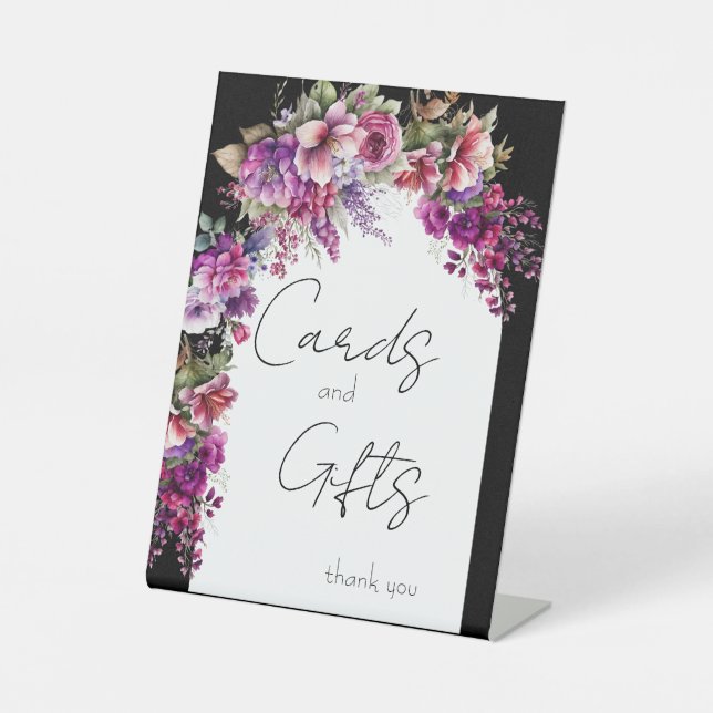 Fuchsia and Lavender Floral Arch Cards and Gifts Pedestal Sign (Front)