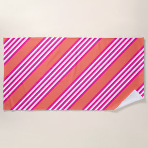 Fuchsia and living coral five stripes pattern beach towel