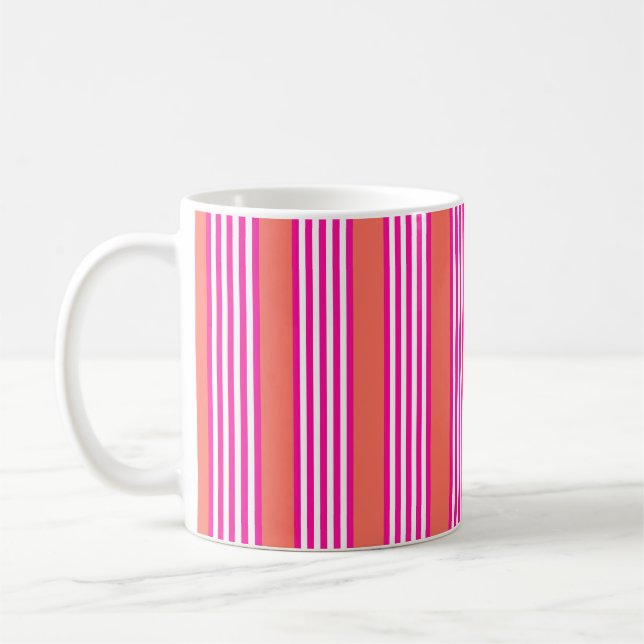 Fuchsia and living coral five stripes pattern coffee mug (Left)