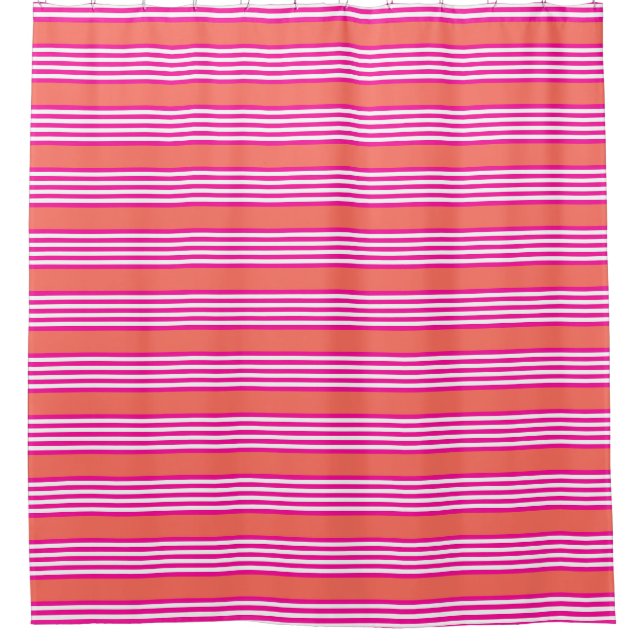 Fuchsia and living coral five stripes pattern shower curtain (Front)