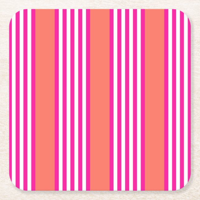 Fuchsia and living coral five stripes pattern square paper coaster (Front)