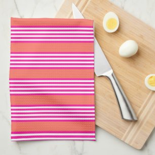 Fuchsia and living coral five stripes pattern tea towel