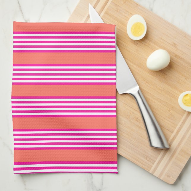 Fuchsia and living coral five stripes pattern tea towel (Quarter Fold)