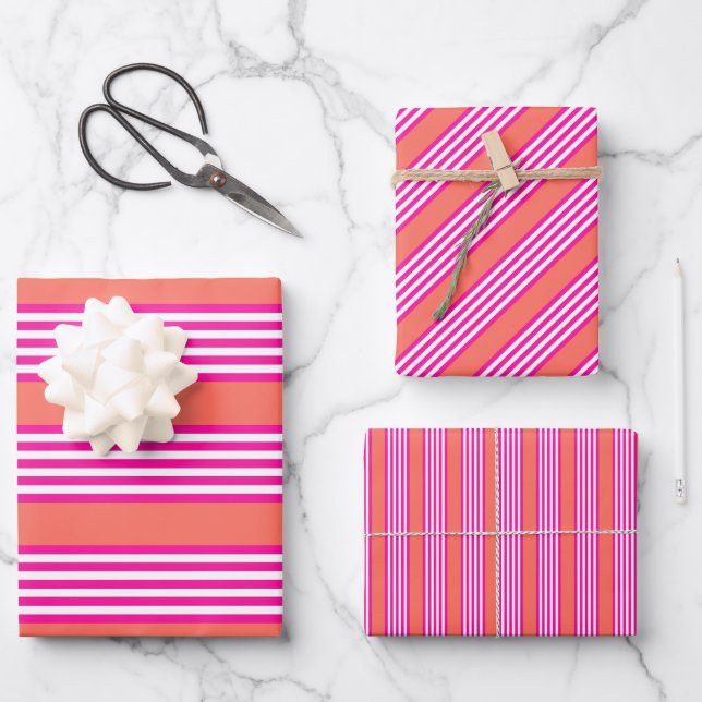 Fuchsia and living coral five stripes pattern wrapping paper sheet (Front)