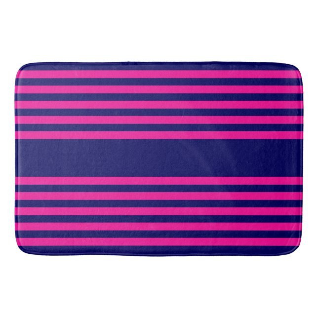 Fuchsia and navy blue five stripes pattern bath mat (Front)