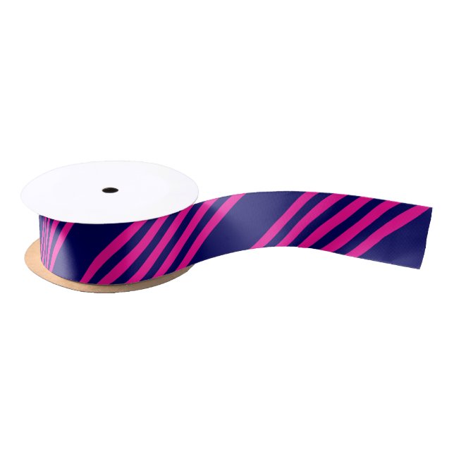 Fuchsia and navy blue five stripes pattern satin ribbon (Spool)