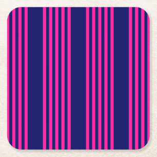 Fuchsia and navy blue five stripes pattern square paper coaster