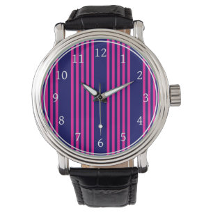 Fuchsia and navy blue five stripes pattern watch