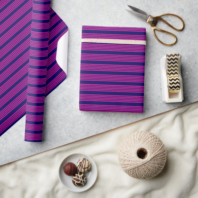 Fuchsia and navy blue five stripes pattern wrapping paper (Crafts)