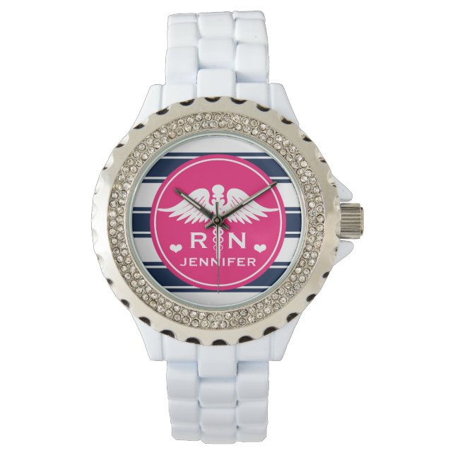 Fuchsia and Navy Stripe Caduceus RN Nurse Watch (Front)