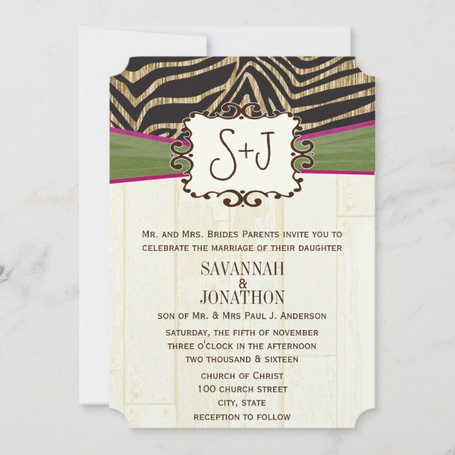 Fuchsia and Olive Barn Wood Zebra Print Wedding Invitation (Front)