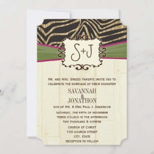 Fuchsia and Olive Barn Wood Zebra Print Wedding Invitation